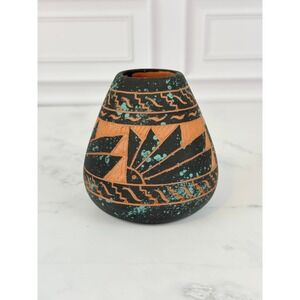 VTG Navajo Native American Black Teal Terra Cotta Red Clay Olla Pot 3.5"‎ Signed